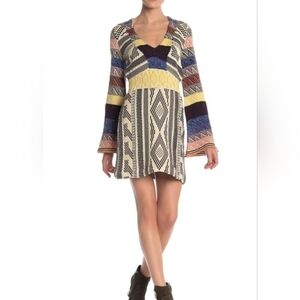 NWT FREE PEOPLE XS Multicolor Patchwork Long Bell Sleeve Sweater Dress